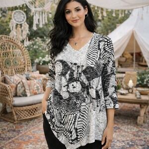 Inoah Women's XL Abstract Asymmetrical Hem Black Gray Tunic Top Artsy Lagenlook